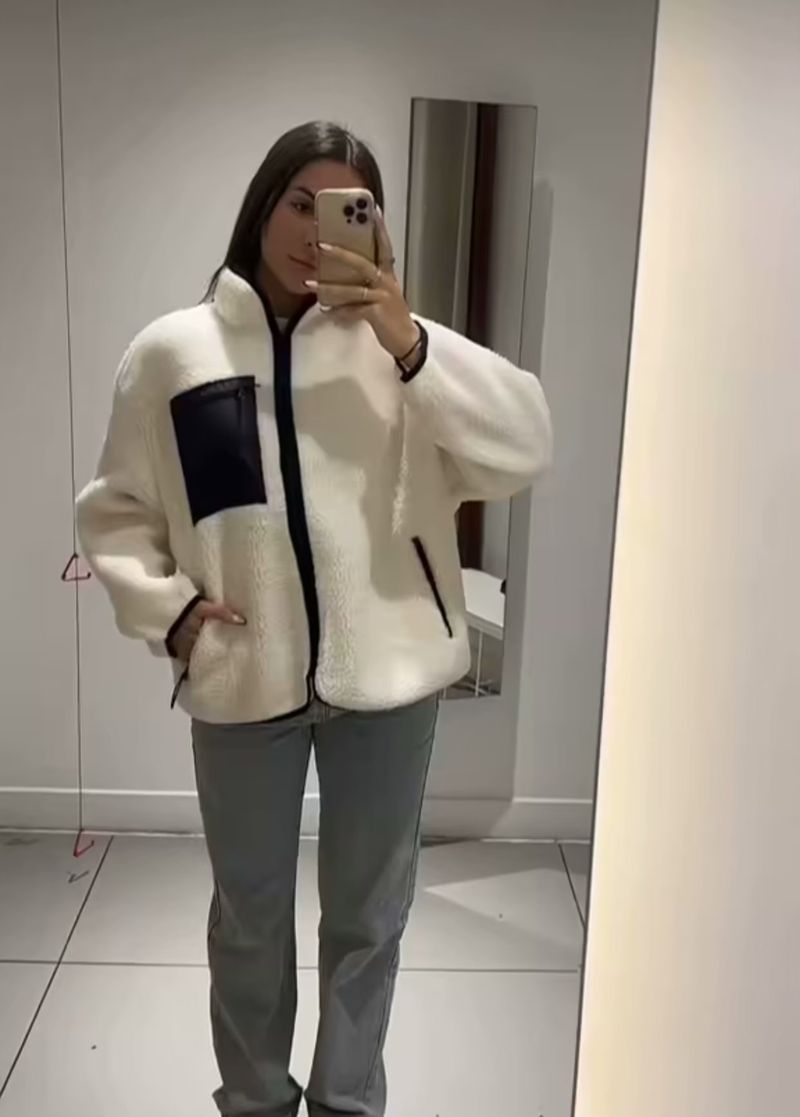 Women s clothing autumn and winter new lazy style contrasting Teddy plush coat_voghion.com