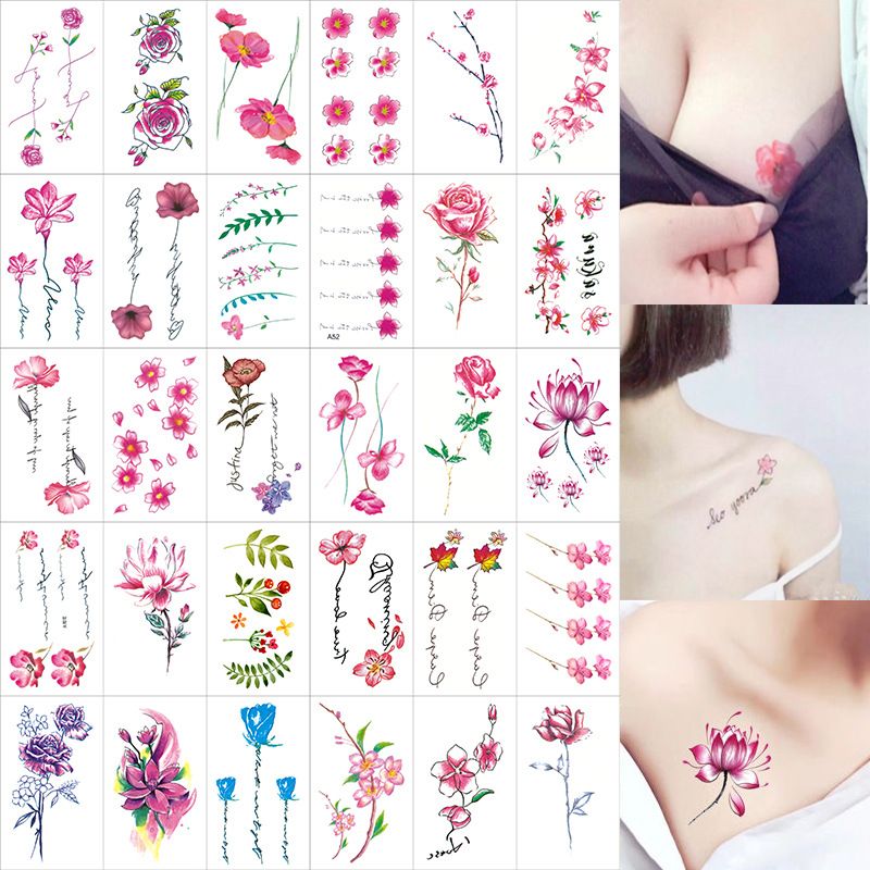 【Set da 30 fogli】Tatuaggio Bianhua impermeabile a lunga durata con fiori freschi, tatuaggi temporanei realistici, adesivi per clavicola_voghion.com