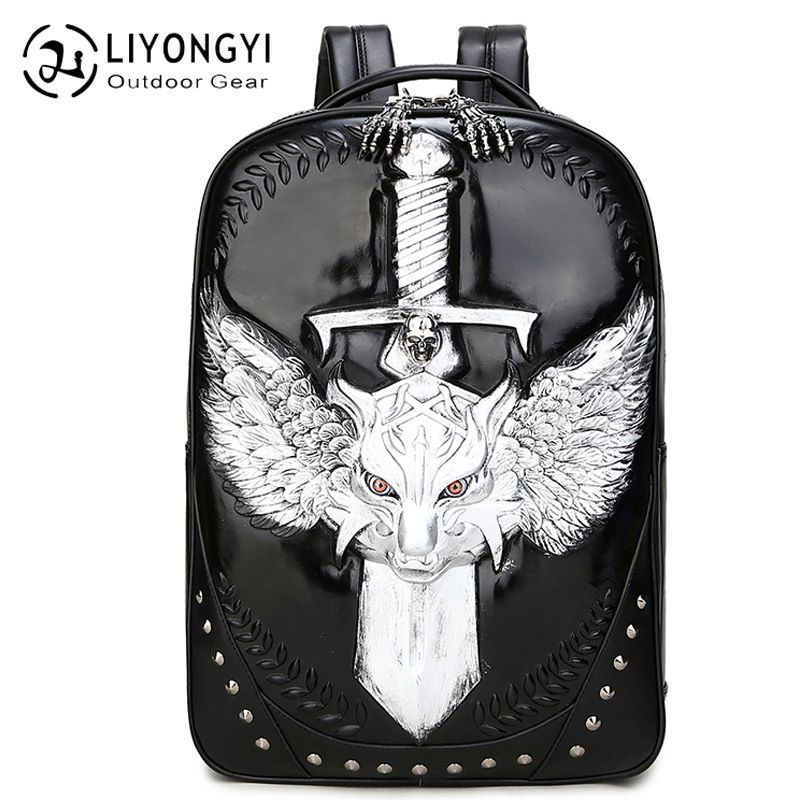Fashionable 3D PU Personalized Wolf Men's Double Shoulder Computer Backpack Sports Travel Handheld Student Computer Backpack_voghion.com