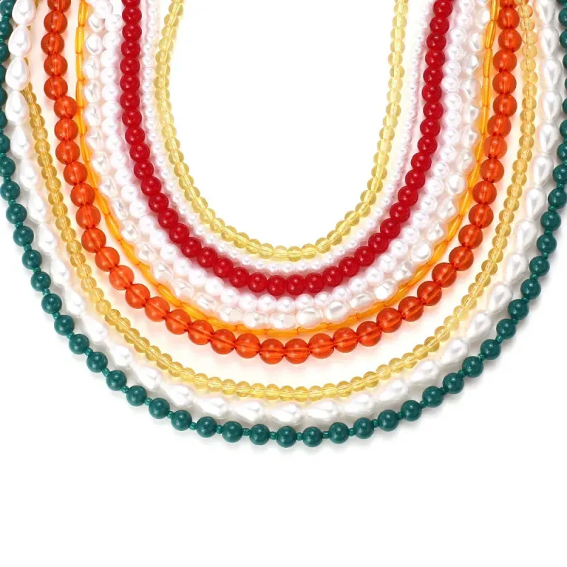 Collier ras du cou en perles multicolores pour femme, style bohème, à plusieurs rangs et pompons (réf. 240813)_voghion.com