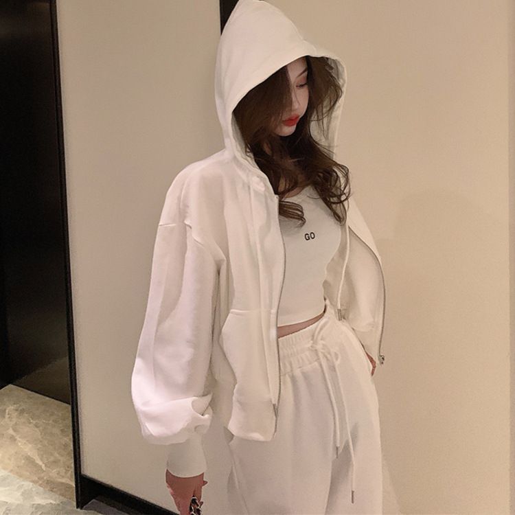 Ensemble de sport décontracté en coton 6535 pour femme, short, sweat à capuche zippé, veste, caraco, ensemble trois pièces printemps-automne_voghion.com