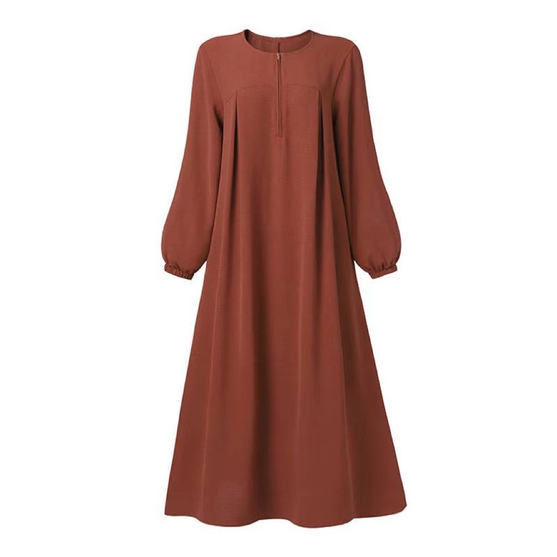 Abito da donna con scollo rotondo, manica lunga, cerniera, tinta unita, gonna lunga musulmana_voghion.com
