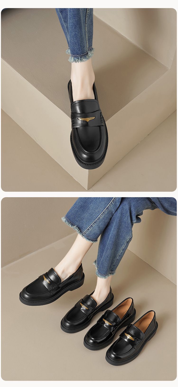 Platform Loafers Women's Autumn Retro Black One-pedal Temperament College Style Small Leather Shoes_voghion.com