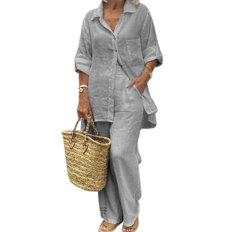Women's Linen Blend Long Sleeve Button-Down Shirt & Pants Set – Breathable Office & Casual Outfit (S-5XL) In White/Grey/Khaki/Blue/Black_voghion.com