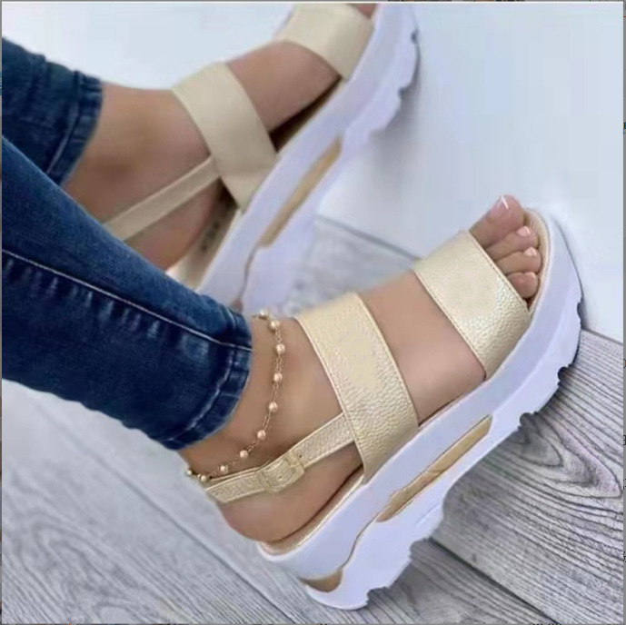new large size women's shoes wide buckle British style thick bottom wedge fish mouth sandals for women_voghion.com