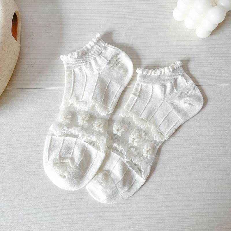 Women's wooden ear socks summer versatile hollow mesh white lace thin socks sweat-absorbent breathable glass Silk_voghion.com