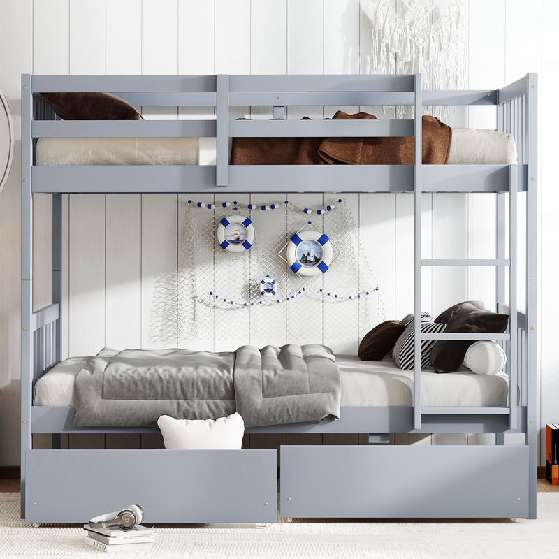 Twin Over Twin Rubber Wood Bunk Bed With 2 Drawers,Convertible Into 2 Twin Beds,Twin Size Bunk Bed With Ladder And Safety Guardrails ,Grey_voghion.com