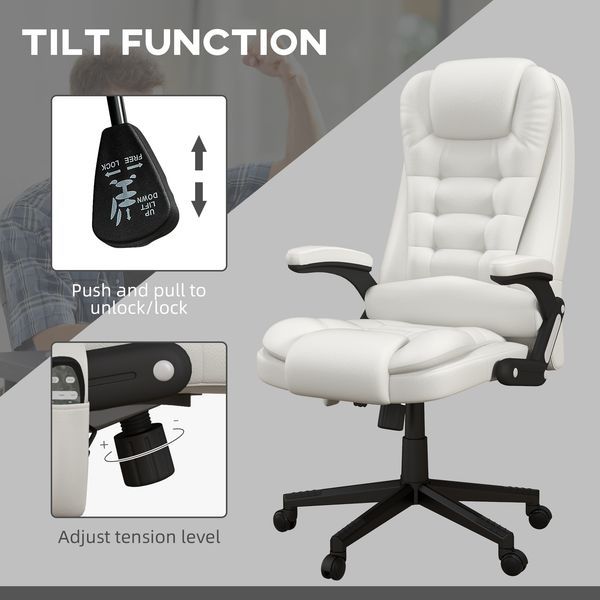 HOMCOM White Ergonomic Heated Massage Office Chair Recliner Desk With 6 Vibration Points_voghion.com
