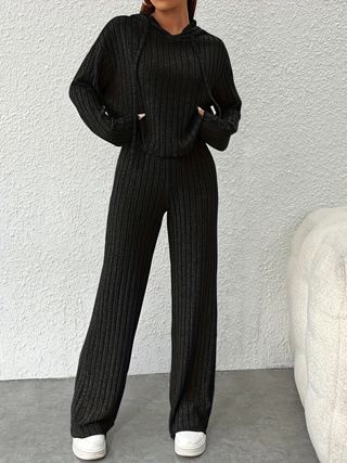Ensemble élégant deux pièces à capuche et pantalon large pour femme, couleur unie, automne 2024_voghion.com