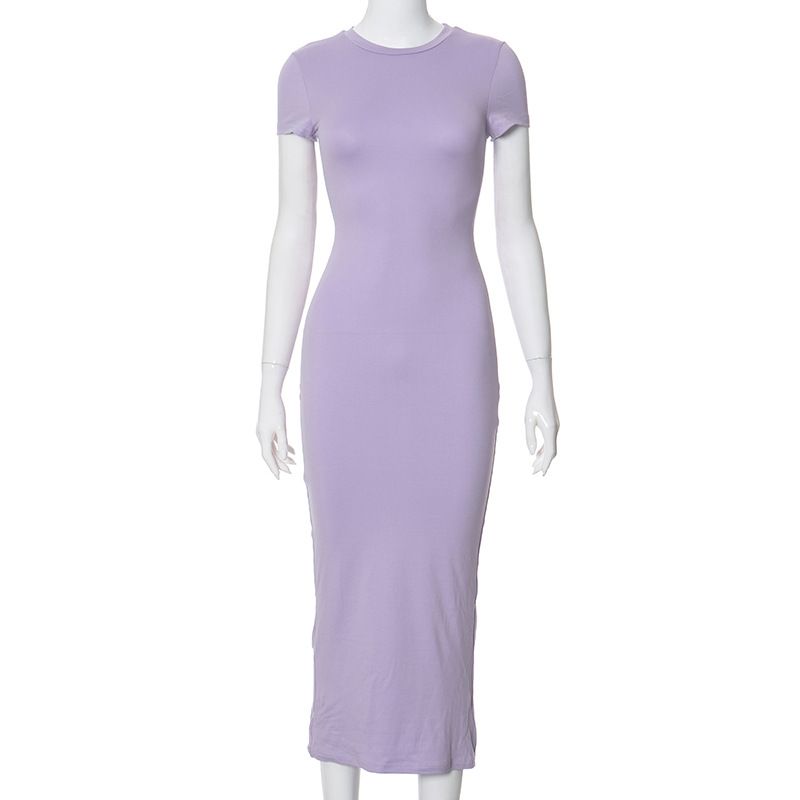 Abito da donna alla moda, a maniche corte, aderente, con scollo rotondo, tinta unita_voghion.com