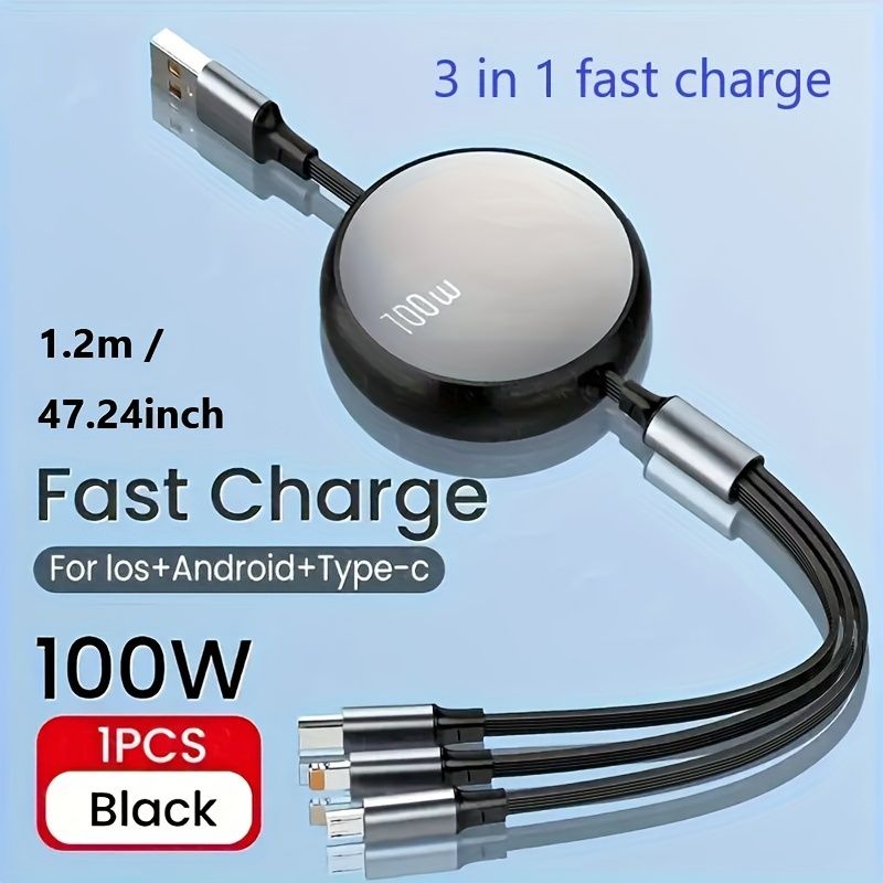 Cavo di ricarica rapida USB C retrattile 3N1, con supporto di potenza 6A e 100W, compatibile con iPhone 13, 14, 12, 11 Pro, X Max, nonché con dispositivi Huawei e Samsung._voghion.com