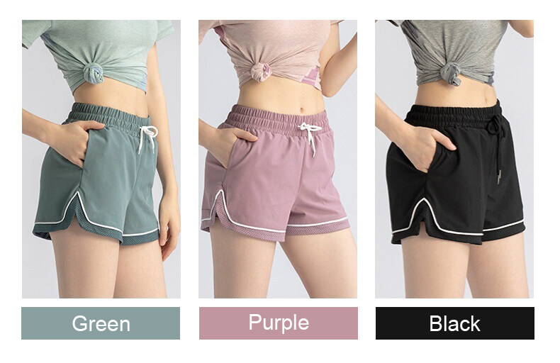 Shorts Sprots femininos com bolsos cintura elástica secagem rápida academia esportiva_voghion.com