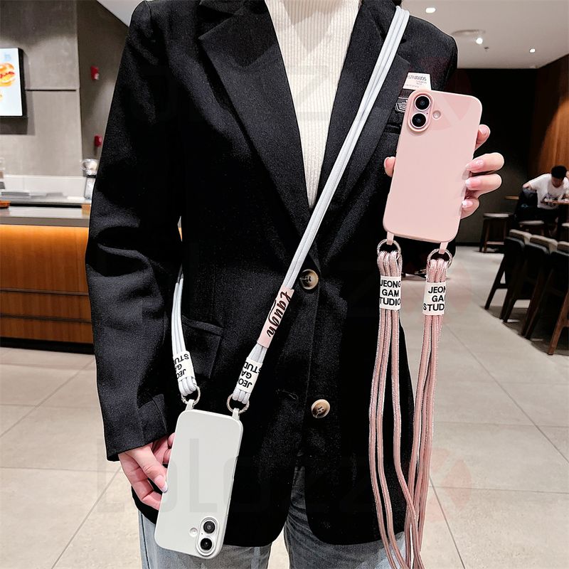 Crossbody Necklace Strap Cord Matte Soft Phone Case For iPhone 16 15 Pro Max 14 Plus 13 12 11 Liquid Silicone Shockproof Cover_voghion.com