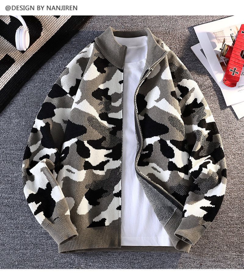 Men's Clothing Camouflage Knit Cardigan - Long Sleeve Casual Open Front Sweater With Stand Collar, Loose Fit, Warm & Breathable For Autumn & Winter_voghion.com