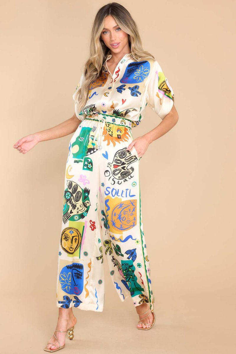 Damer 2024 Sommar Fritidskläder Damer Satin Stretch Frukttryck Graffiti Byxor med vida ben Fritidsbyxor_voghion.com