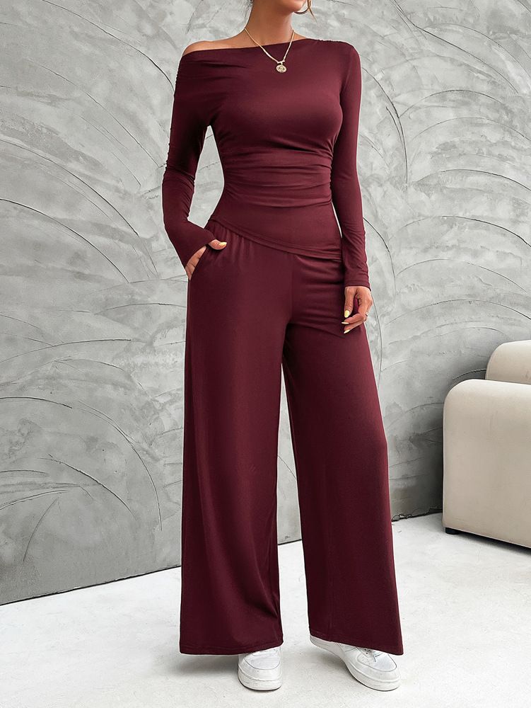 Y2K Damen-Set – Schmales Langarm-Oberteil & Hose mit weitem Bein (S-XL, Schwarz/Dunkelgrau/Khaki/Weinrot/Dunkelgrün/Braun/Dunkelblau)_voghion.com