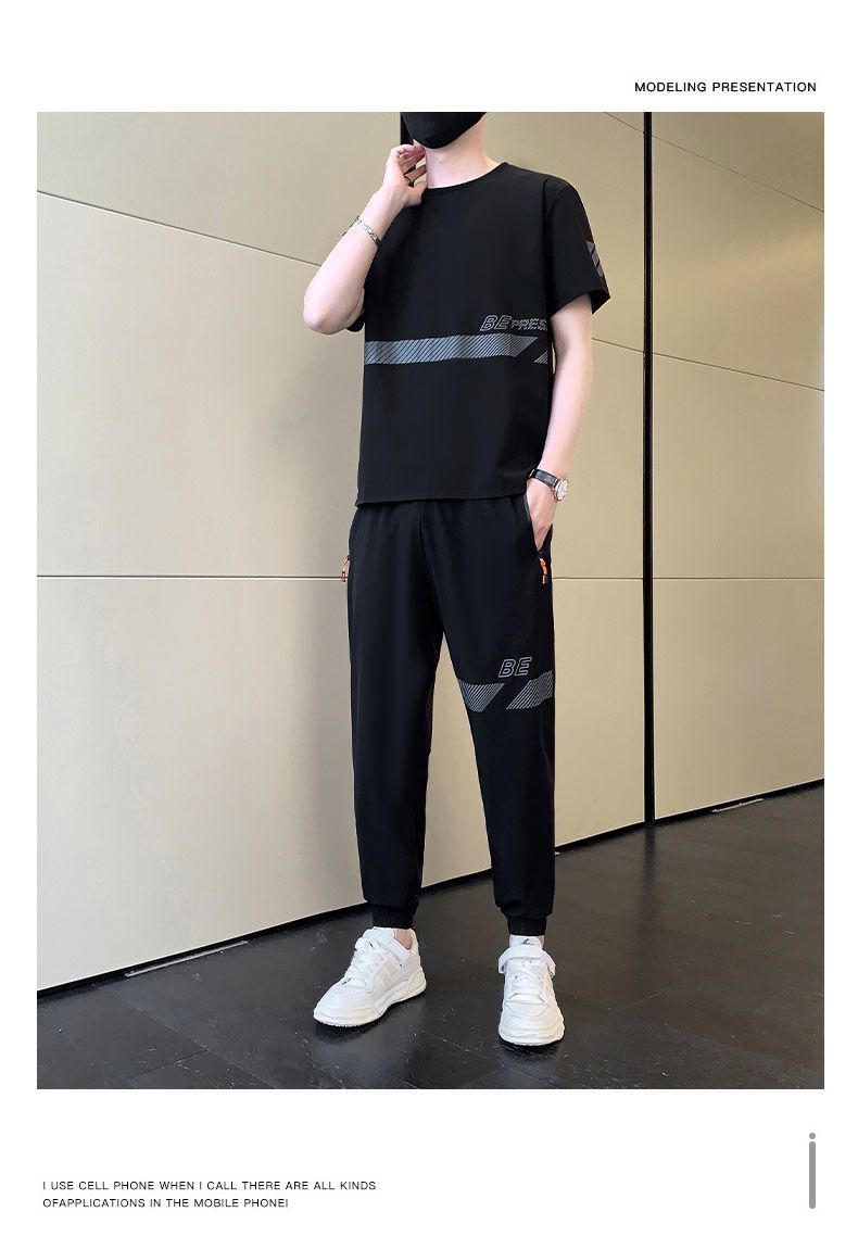 Vêtements pour hommes, combinaison de sport en soie glacée, pantalon d'été ample et respirant à manches courtes, décontracté, fin, séchage rapide, pour course à pied, trois pièces_voghion.com