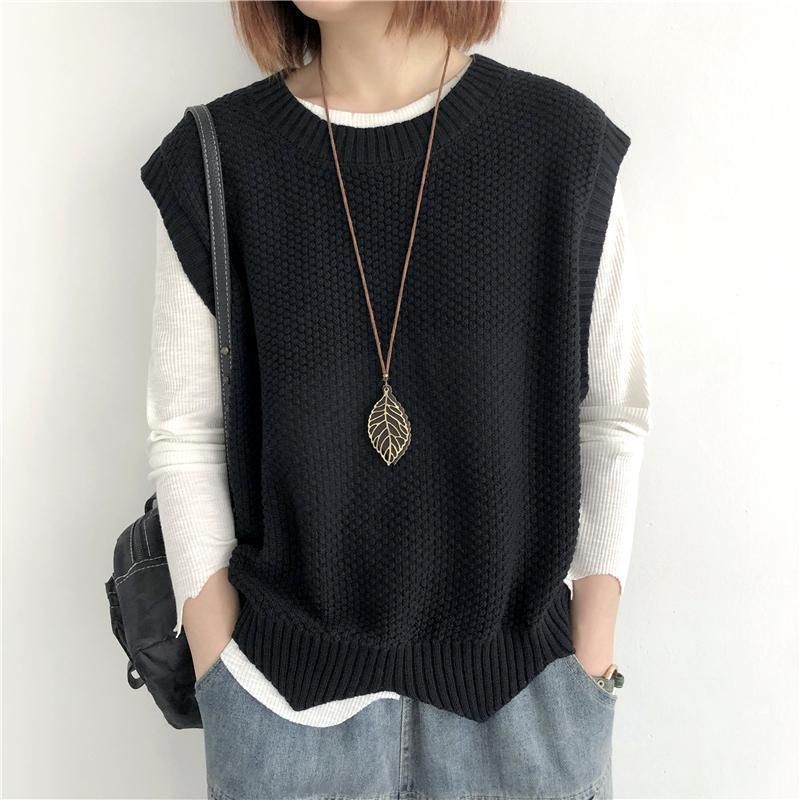 K Women's Knitted Vest; Pure Color, Loose, Round Neck, Irregular Pullover Short Cardigan._voghion.com