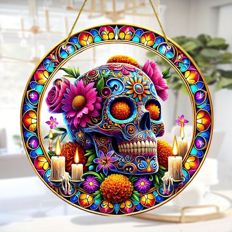 Acchiappasole vibrante a forma di teschio di zucchero - Arte in acrilico colorato da 23 cm. Decorazione festiva per le celebrazioni del Dia de Muertos o per gli spazi dei bar._voghion.com
