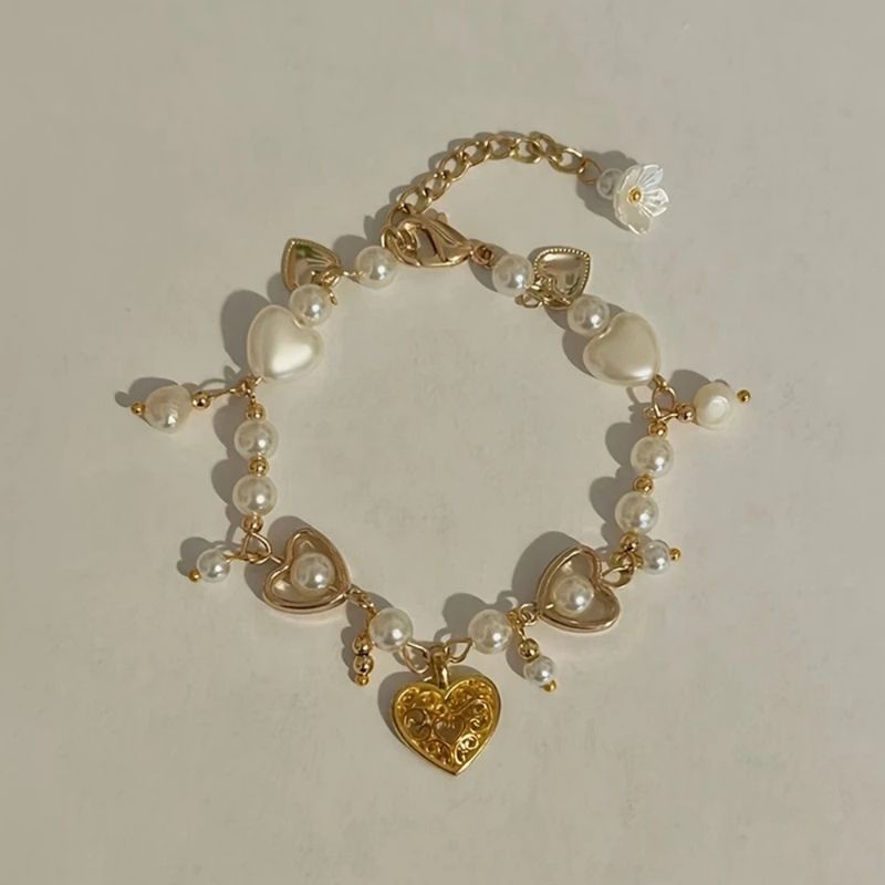 Bracciale in lega placcato oro con stile grazioso e catena regolabile a forma di cuore e fiore di perle per donna_voghion.com