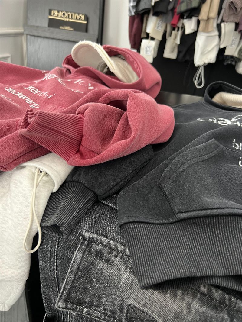 Boys And Girls American Vintage Letter Hooded Sweatshirt, Children's Trendy Cool Autumn Style Sand Washed White Pullover_voghion.com