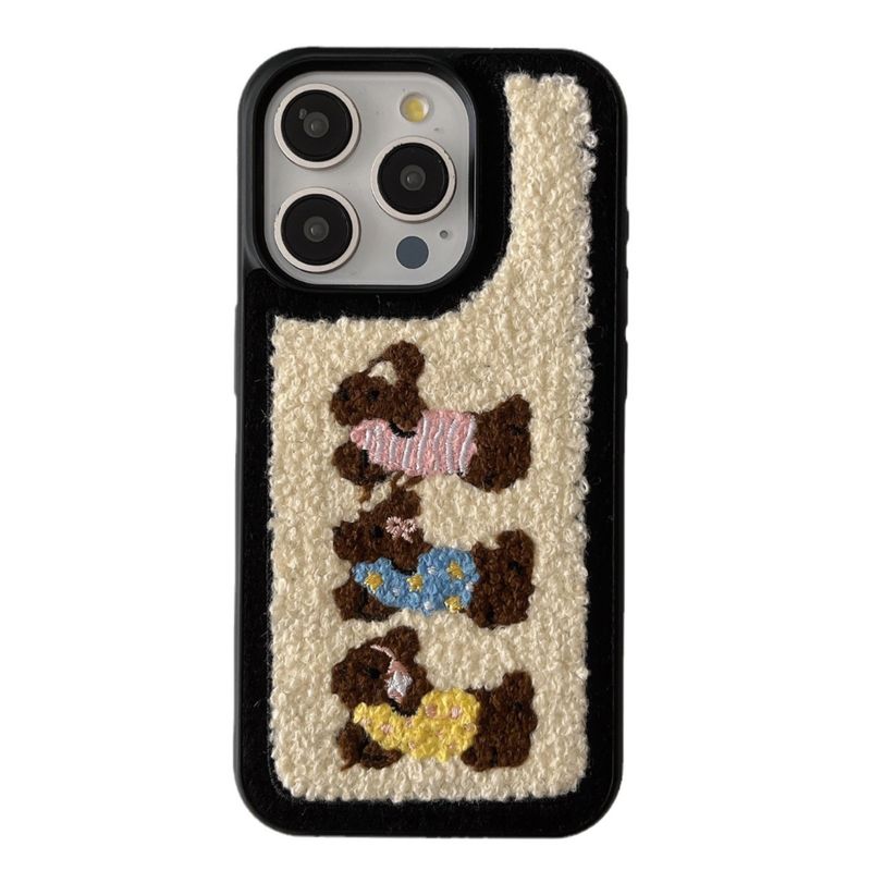 Plush Cartoon Dachshund Dog For 16 Max 15 Pro Embroidered Phone Case 13/14 Autumn Winter Towel Embroidery_voghion.com