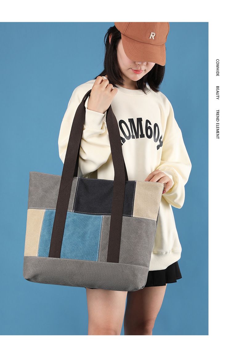 New shoulder bag, women's bag, fashionable, large capacity, contrasting color, hand-held canvas bag_voghion.com