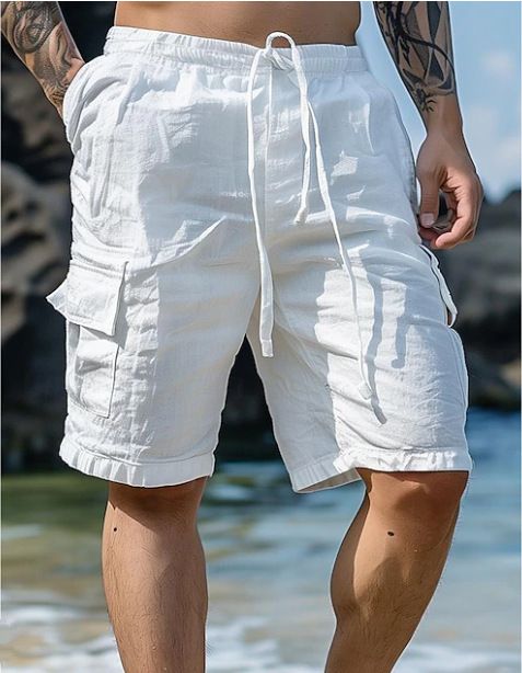 Cargoshorts voor heren met meerdere zakken en trekkoord - Ademende zomershorts van linnen en katoen voor strand, wandelen en vrijetijdskleding_voghion.com