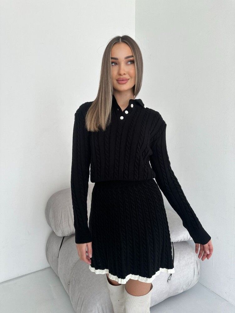 2025 Casual Long Sleeved Knitted Button Sweater Short Skirt Two-piece Set For Women_voghion.com