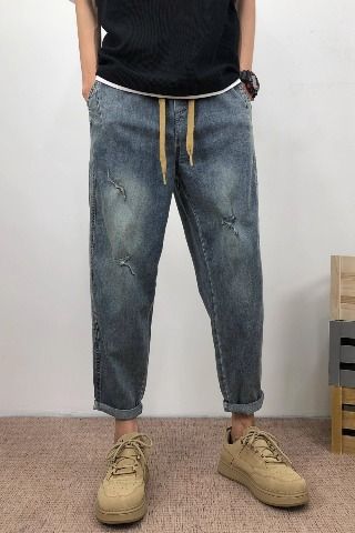 Spring Casual Thin Loose Wide-Leg Harem Trendy Brand Nine-Point Cool Workwear Light Denim Pants Men_voghion.com