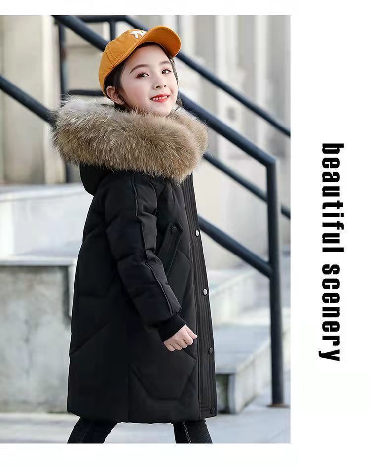 Piumino lungo in stile coreano per bambine – Giacca invernale imbottita con cappuccio in pelliccia sintetica (130-170 cm, nero/rosso anguria/rosso)_voghion.com