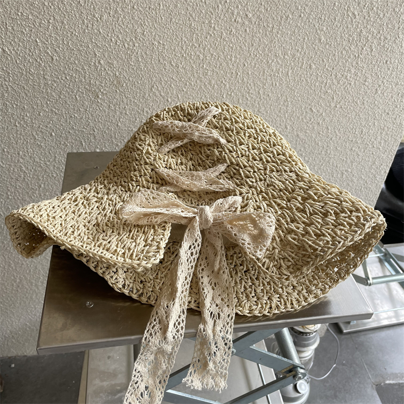 Nuovo cappello di paglia, cappello da donna in pizzo con fiocco lavorato all'uncinetto, cappello estivo con protezione solare e parasole, cappello pieghevole alla moda_voghion.com