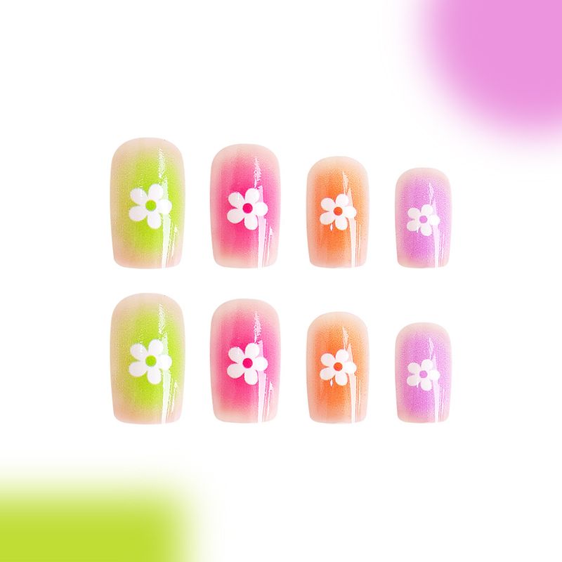 Short Early Spring Bright Face Square Armor Contrast Color Wear Nail Art White Flower Fresh Simple Fashion European and American Foreign Trade 24 Piec_voghion.com