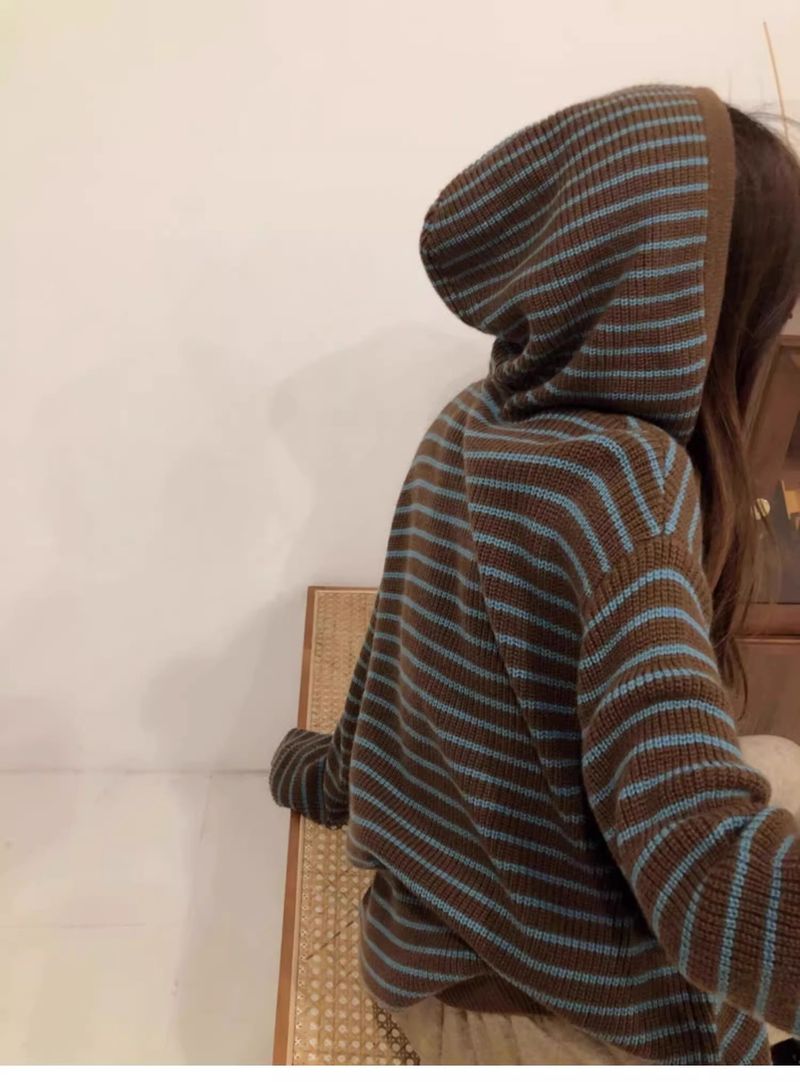 【 Cashmere Family】 Felpa con cappuccio a righe corta e larga in lana da donna con interno spesso lavorato a maglia_voghion.com