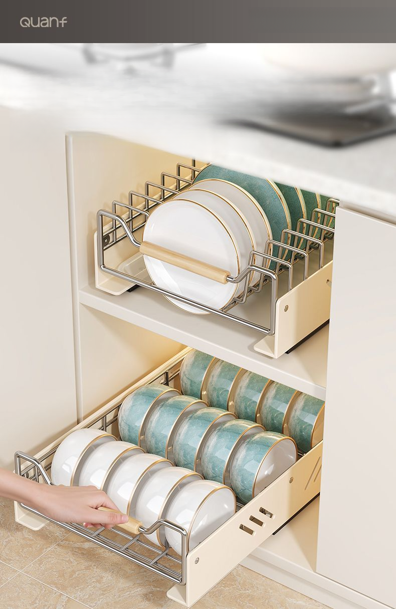 Armoire de cuisine coulissante en acier inoxydable avec rangement intégré sous l'évier, tiroir, égouttoir à assiettes_voghion.com