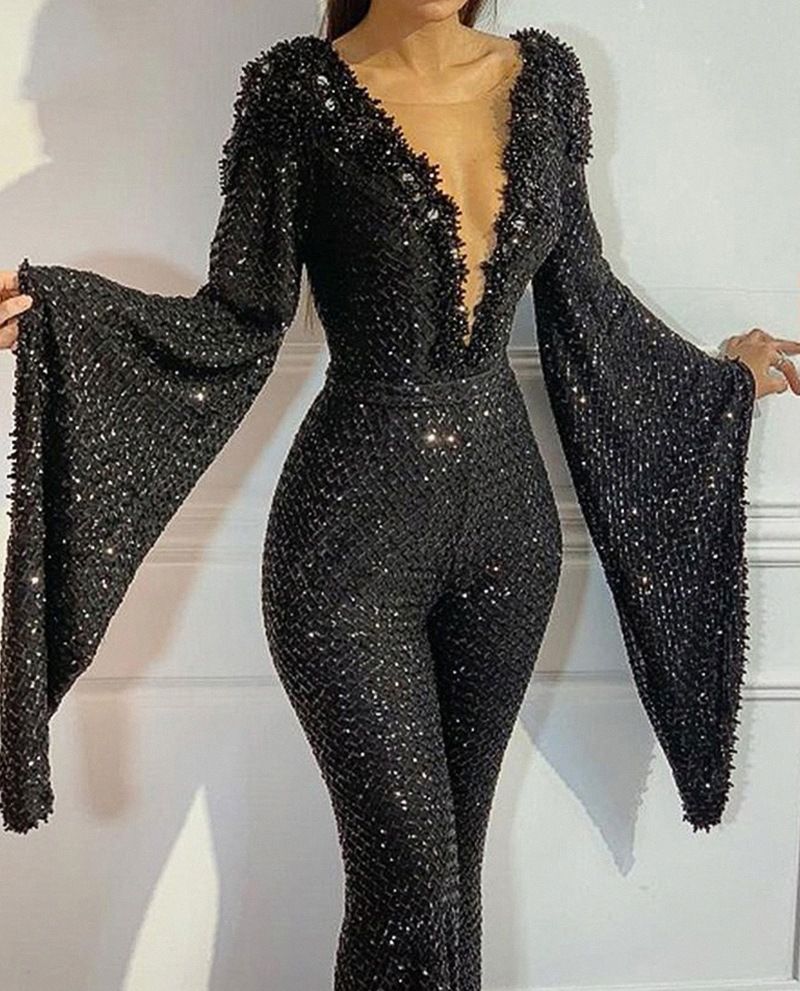 Dametøj Pailletter Sexet Flagermusærmetop Jumpsuit Aftenkjole Ny_voghion.com