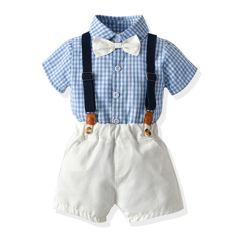 Kinderkleidung Kinderkleidung Jungen Sommer neue zweifarbige karierte Kurzarmhemd Trägerhose zweiteilige Abschlussleistungskleidung_voghion.com