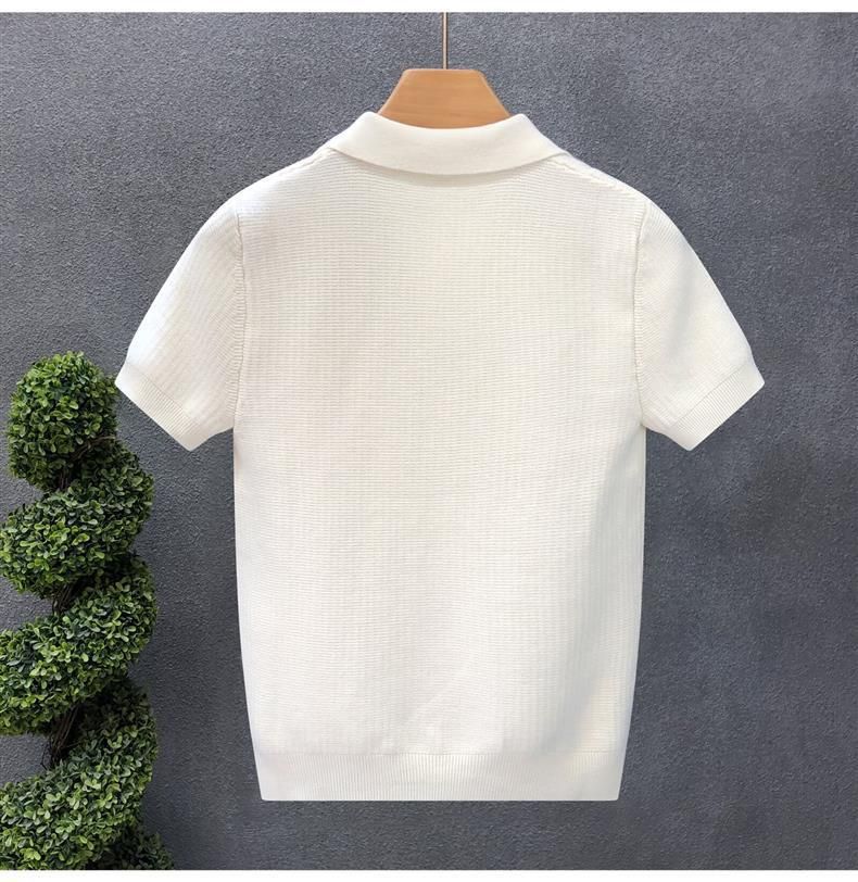 Ropa para hombre, primavera y verano, polo de cuello en V, transpirable, de negocios, nuevo suéter de punto para hombre, camiseta de manga corta con solapa suelta, color sólido_voghion.com