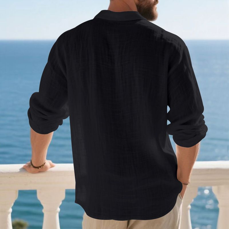 Herren-Leinenhemd mit Knopfleiste – Relaxed Fit Langarm-Polo mit Stehkragen (S-XXXL, atmungsaktiv und knitterfrei, Marineblau/Schwarz/Khaki)_voghion.com