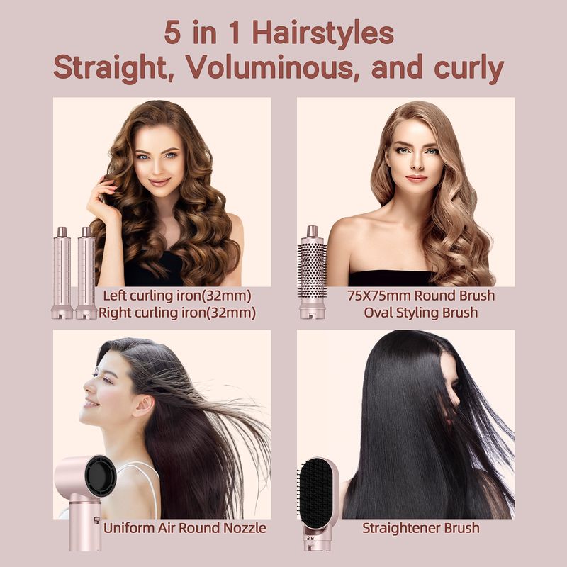 Asciugacapelli 5 in 1 Styler – Spazzola calda delicata 800W Styler automatico Air Wrap, pettine caldo, asciugacapelli, spazzola per capelli ricci asciutti, potente_voghion.com