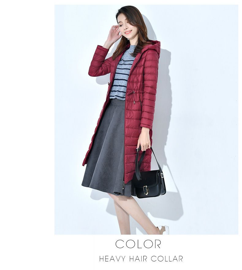 Women's Lightweight Long Down Coat With Hood & Drawstring – Slim Fit Knee-Length Jacket (Black/Burgundy, L-XXL) – 90% White Duck Down_voghion.com