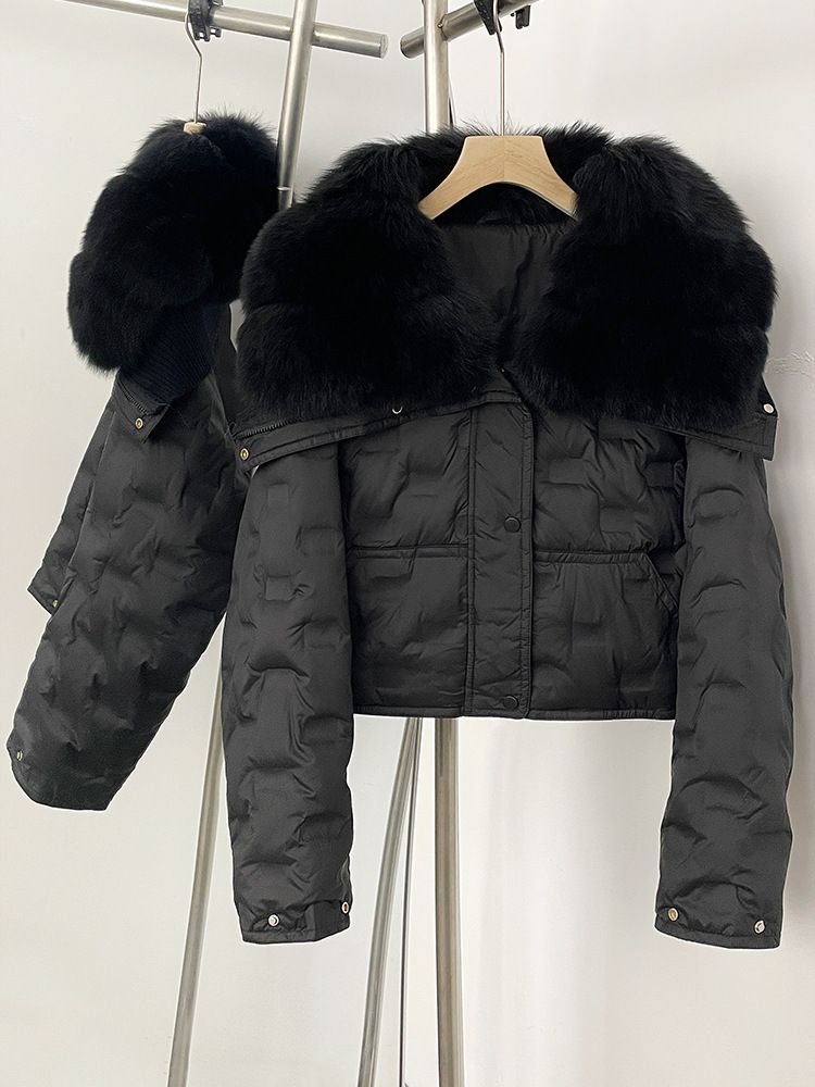 Stylische kurze Daunenjacke für Damen mit luxuriösem Fuchspelzkragen, geometrischem Musterdesign, 90 % weißen Entendaunen, warmer Wintermantel_voghion.com