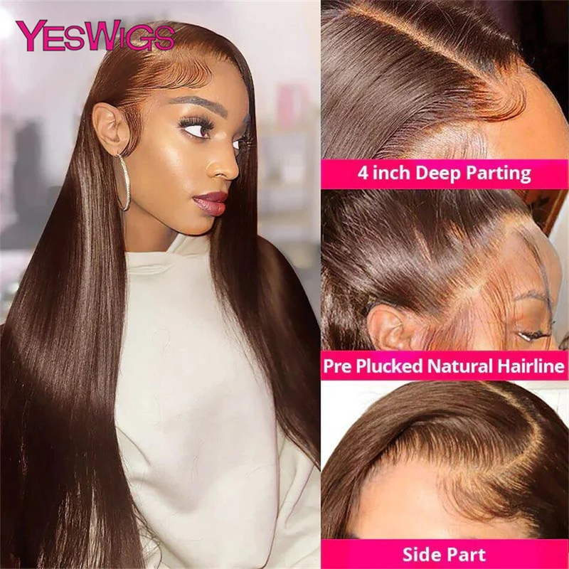 hot selling 13x6 Chocolate Brown Colored Front Human Hair HD Transparent Straight 360 Full Lace Frontal Wigs For Women Glueless_voghion.com