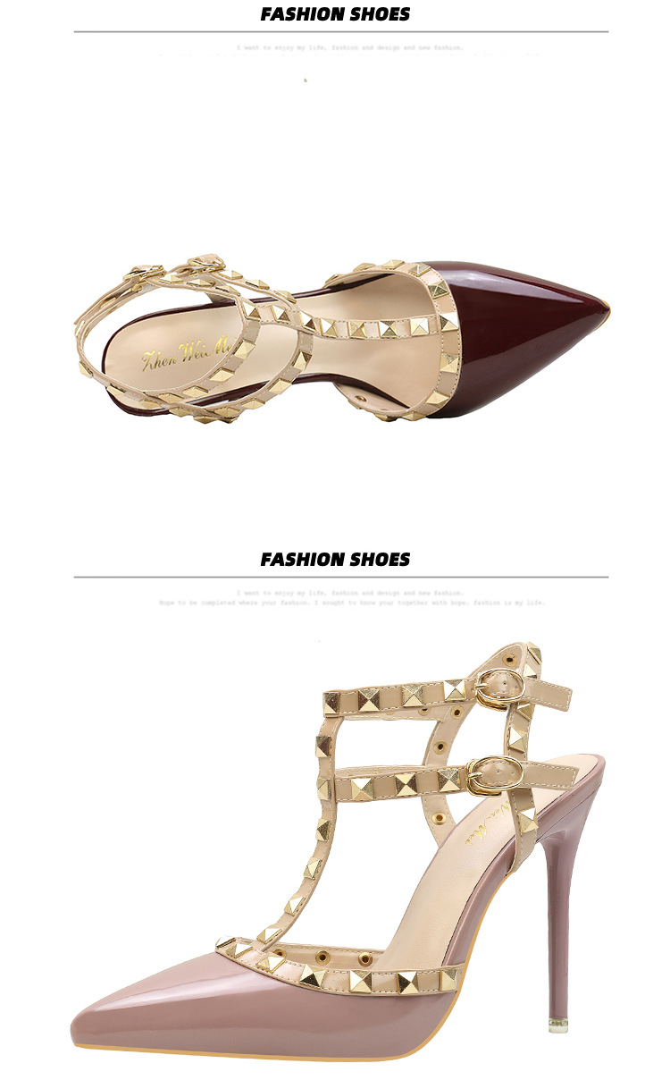 9616-56 styl wysokich obcasów, lakierowane skórzane nity metalowe, seksowne buty damskie do klubu nocnego, sandały rzymskie_voghion.com