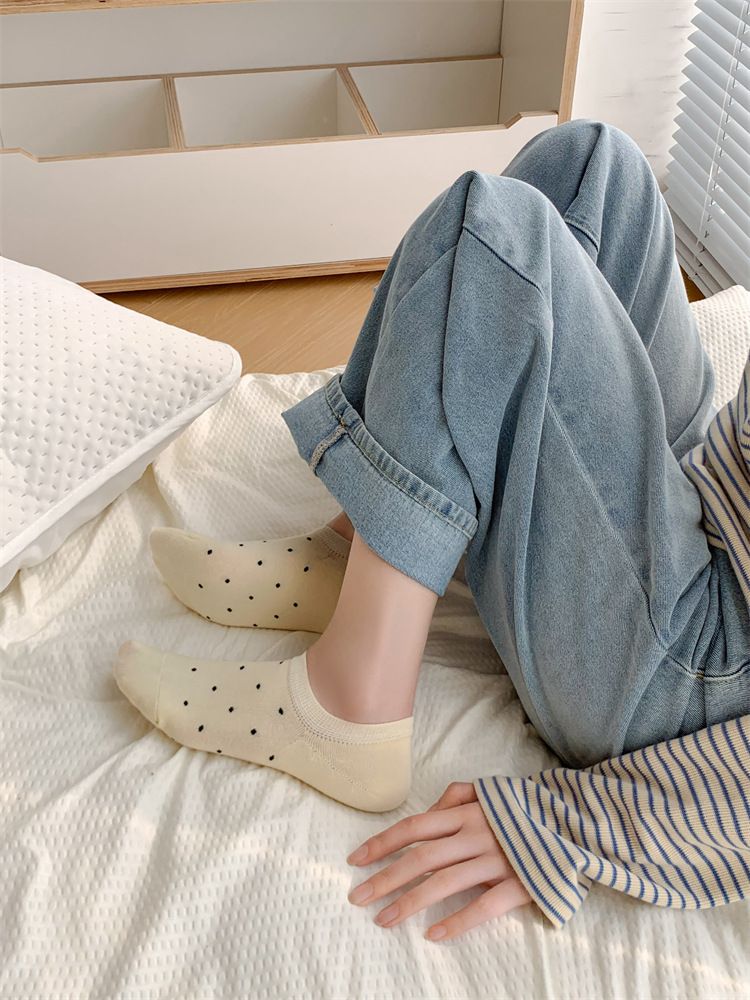 Calzini estivi da donna in cotone, traspiranti e assorbenti del sudore, calzini corti giapponesi a pois, calzini invisibili e poco profondi che non cadono_voghion.com