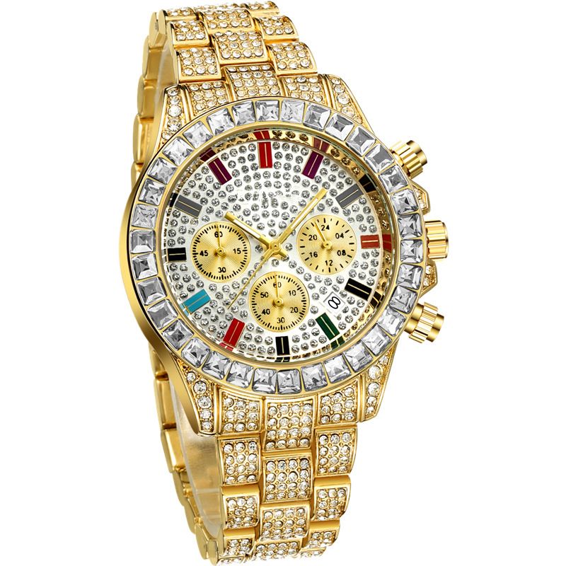 Men's Luxury Rainbow Chronograph Watch With Diamond Bezel - Stainless Steel Case, Mineral Crystal, Water Resistant 30M, Quartz Movement_voghion.com