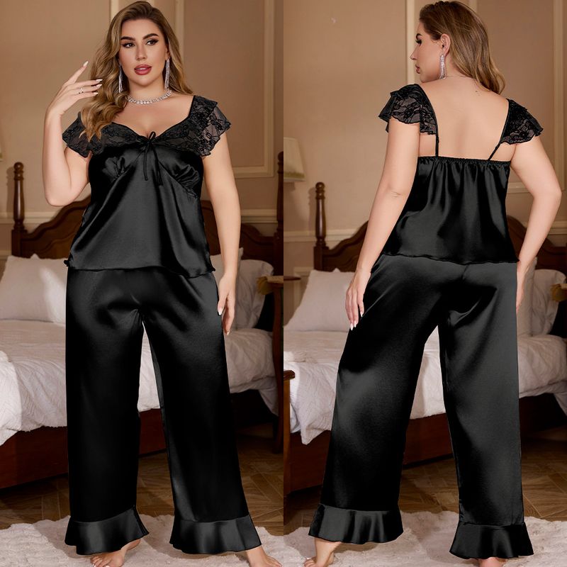Large Size Ice Silk Pajamas Women's Multi-colored Lace Sexy Short-sleeved Trousers Loungewear Set_voghion.com