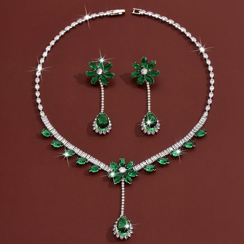 Women's Jewelry Set Fashion Trend Zircon Luxury Necklace Earrings Set Hot Style Wearing Skirt Pink Flower Tassel_voghion.com
