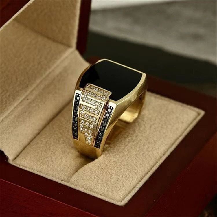 Hip Hop Style Business Schwarz Emaille Micro Set Zirkon Simulierter Diamant Trendy Herren Schmuck Ring_voghion.com