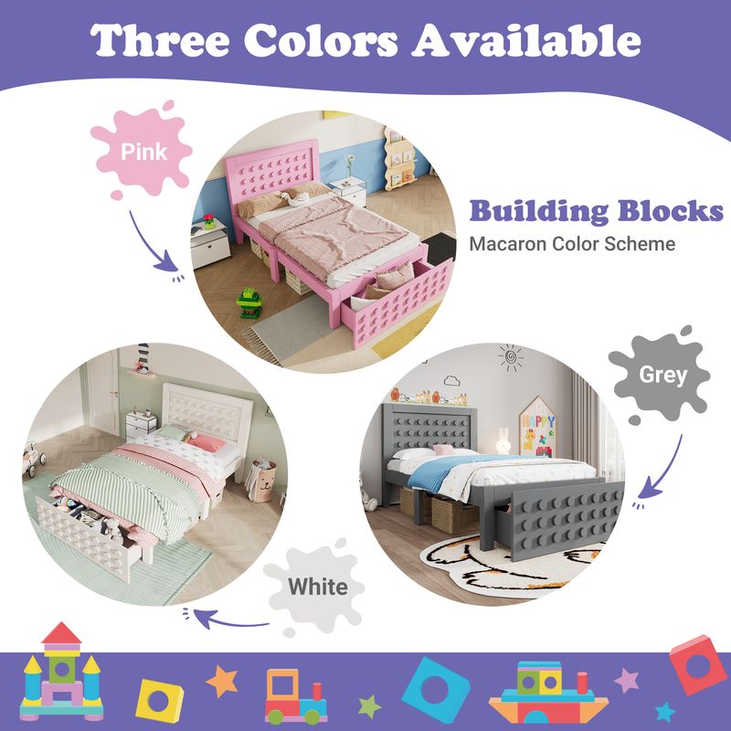 Holzbett 90x190cm Mit Blockdesign, Massivholz, Schubladen, Stauraum, Weiß_voghion.com